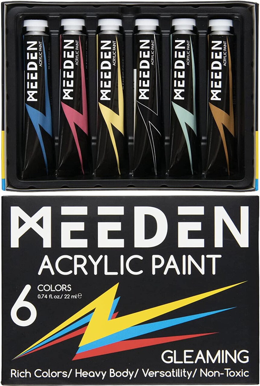 MEEDEN Glitter Acrylic Paint Medium, 6 Tubes 22ml/0.74oz High Viscosity Shimmer Paints, Art Craft Paints with Glitter, Iridescent Paints for Canvas, Wood & Rock, Art Supplies for Artists Beginners